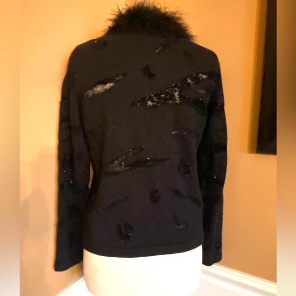 Berek Vintage Sequin Cardi Faux Fur Collar Mesh Inset Black Sweater M Glam Goth - Picture 11 of 12